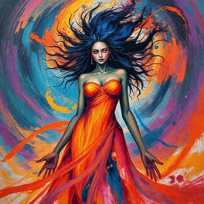The primary subject of the image is a woman wearing an orange dress. She is standing in front of a colorful background, which includes a blue and orange swirl. The visual style of the image is a painting, with the woman being the main focus of the artwork. The colors and mood of the painting are vibrant and lively, with the woman's dress and the swirl in the background adding to the overall atmosphere.